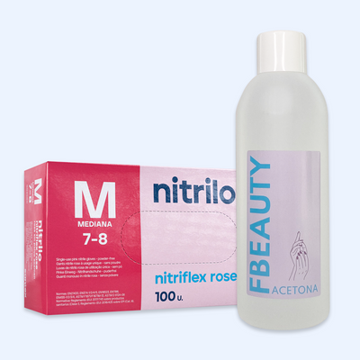 Kit Acetona FB - Natural + Luvas de Nitrilo Nitriflex Rosa