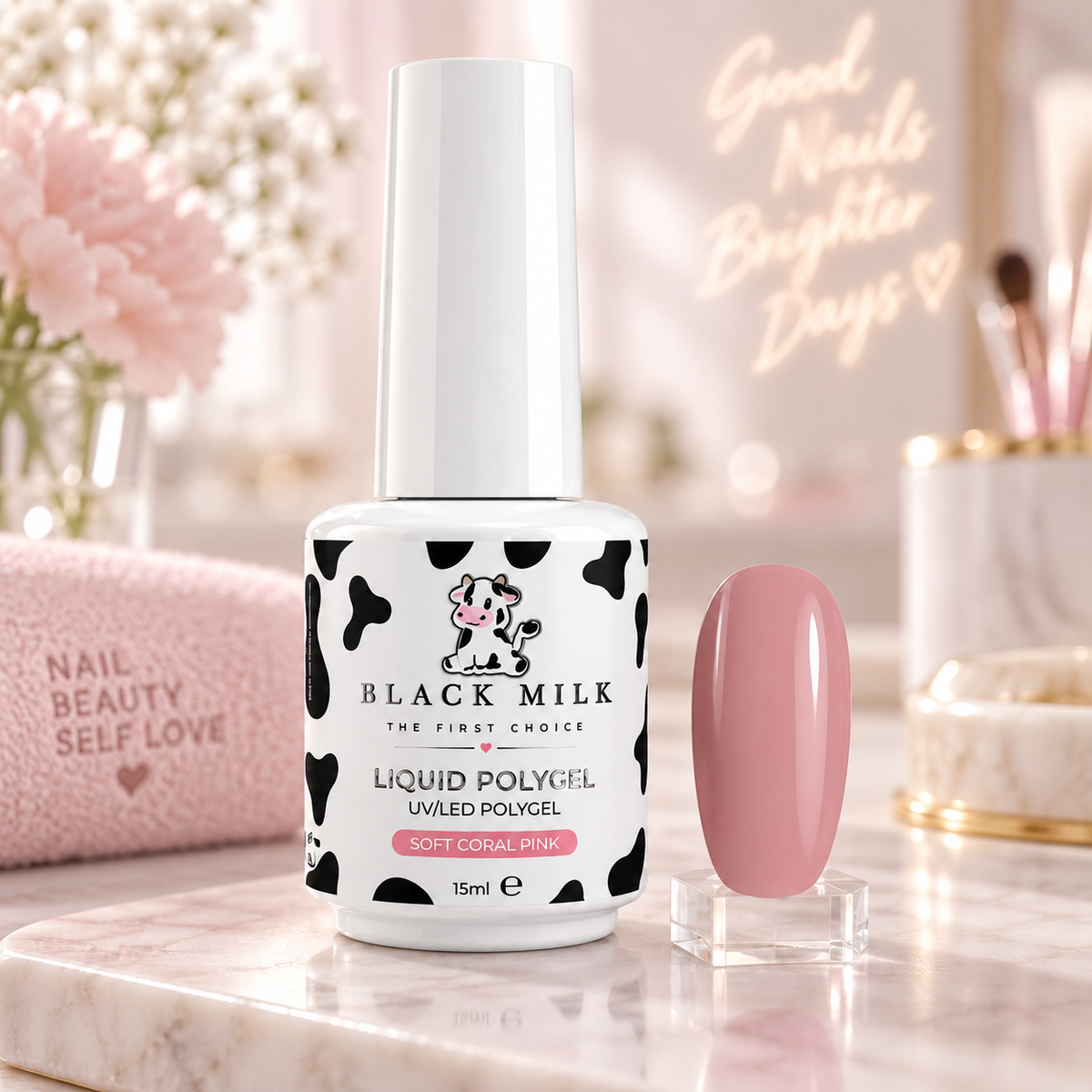 Liquid Polygel Soft Coral Pink Black Milk, detalhe do produto