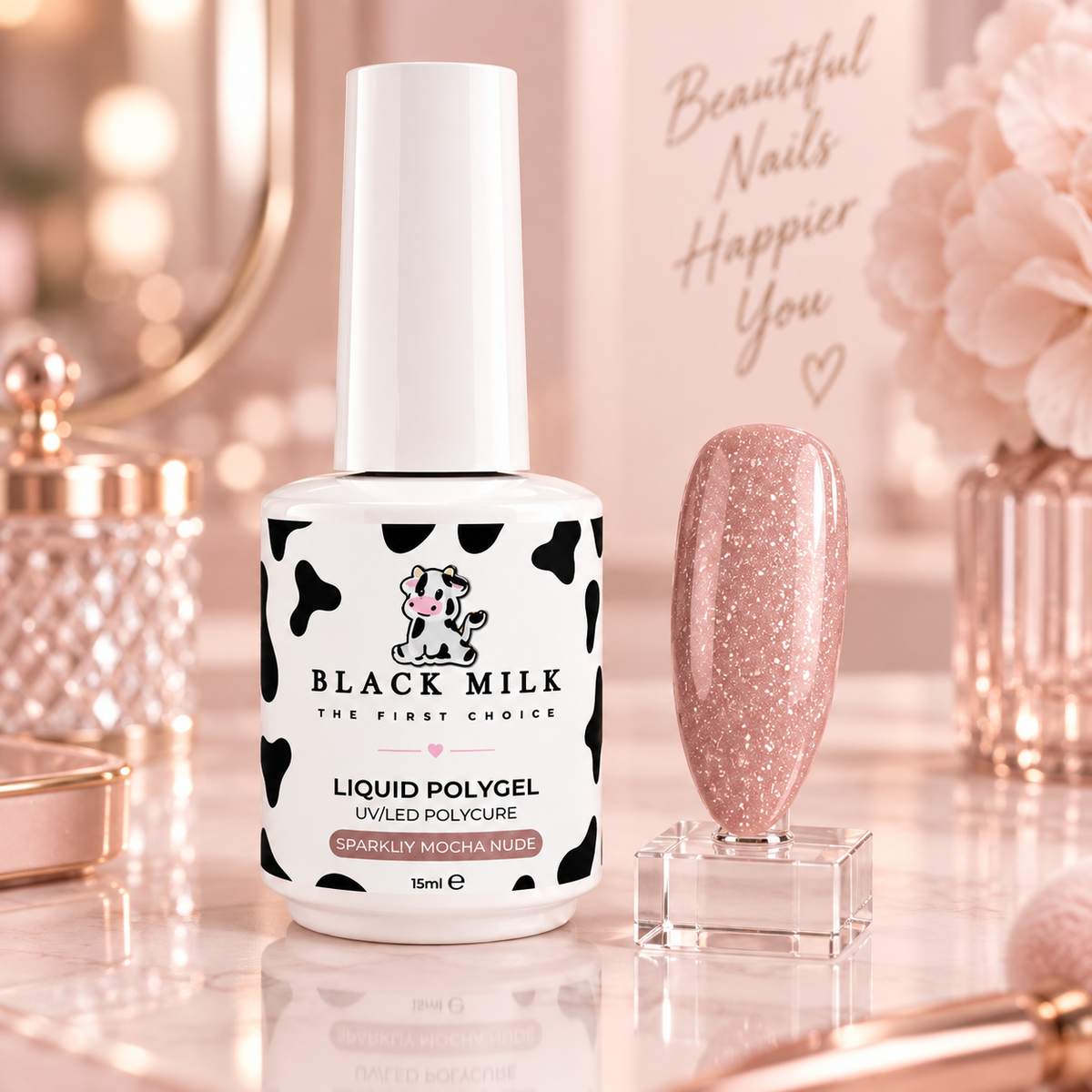 Liquid Polygel Sparkling Mocha Nude Black Milk, amostra de cor