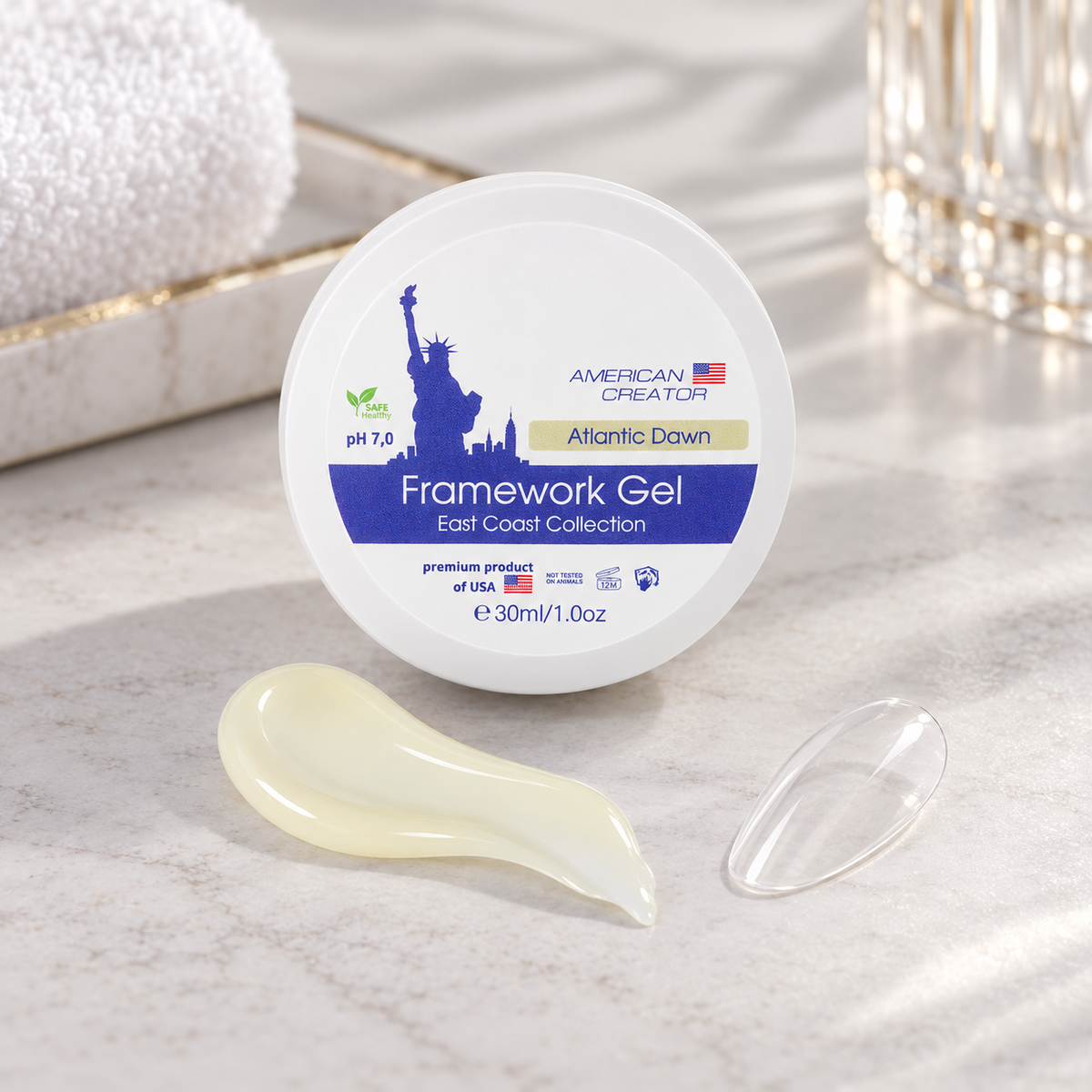 American Creator Framework Gel Atlantic Dawn 30 ml com amostra da cor em ambiente profissional de manicure
