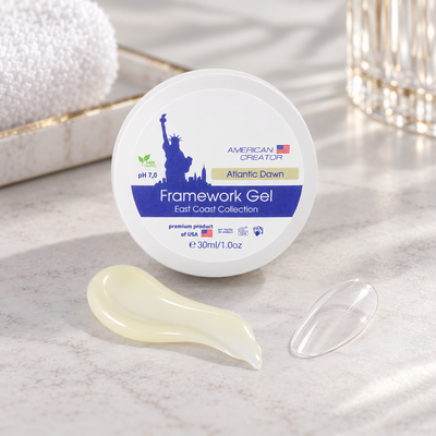 American Creator Framework Gel Atlantic Dawn 30 ml com amostra da cor em ambiente profissional de manicure