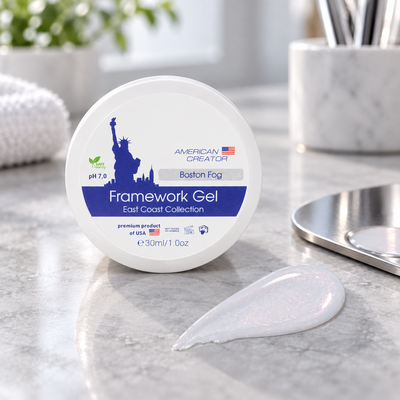 American Creator Framework Gel Boston Fog 30 ml com amostra da cor em ambiente profissional de manicure