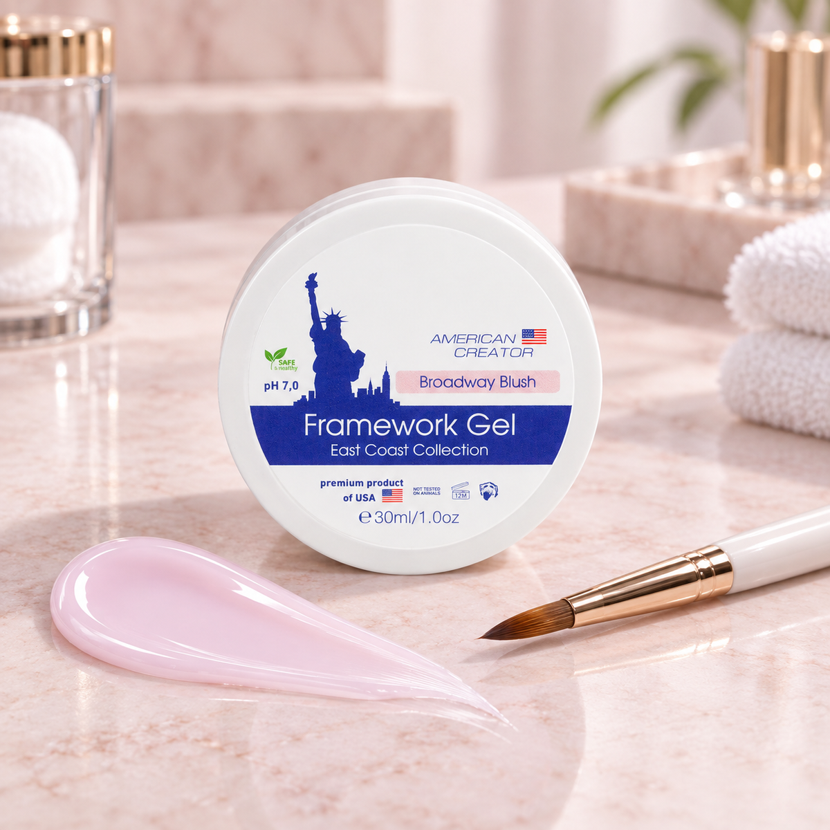 American Creator Framework Gel Broadway Blush 30 ml com amostra da cor em ambiente profissional de manicure