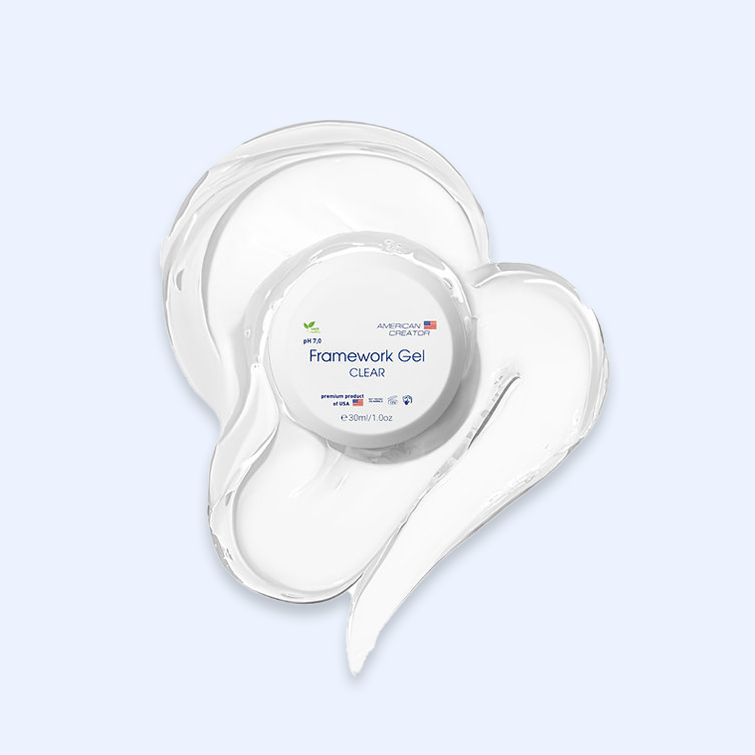 American Creator Framework Gel Clear 30 ml com boião e amostra da tonalidade sobre fundo azul-claro