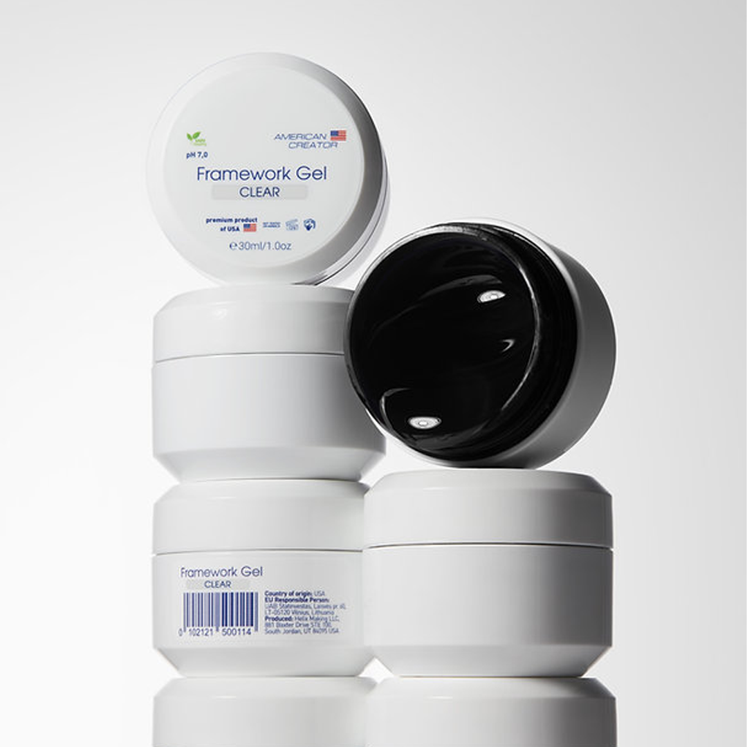 American Creator Framework Gel Clear 30 ml em composição com boiões abertos e fechados