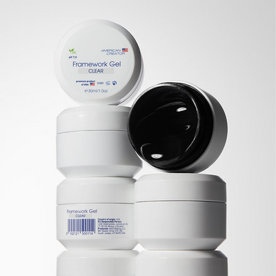 American Creator Framework Gel Clear 30 ml em composição com boiões abertos e fechados