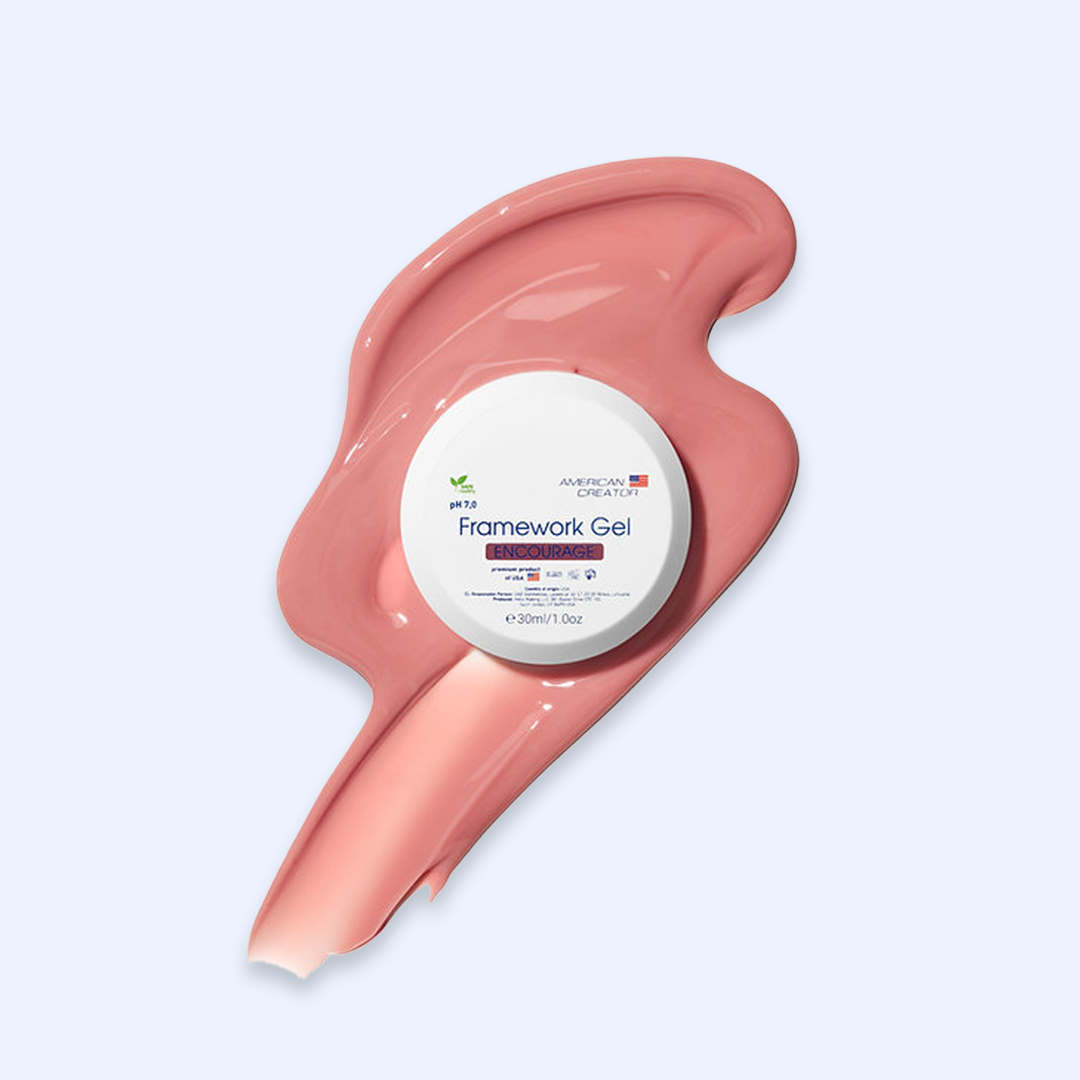 American Creator Framework Gel Encourage 30 ml com boião e amostra da tonalidade sobre fundo azul-claro