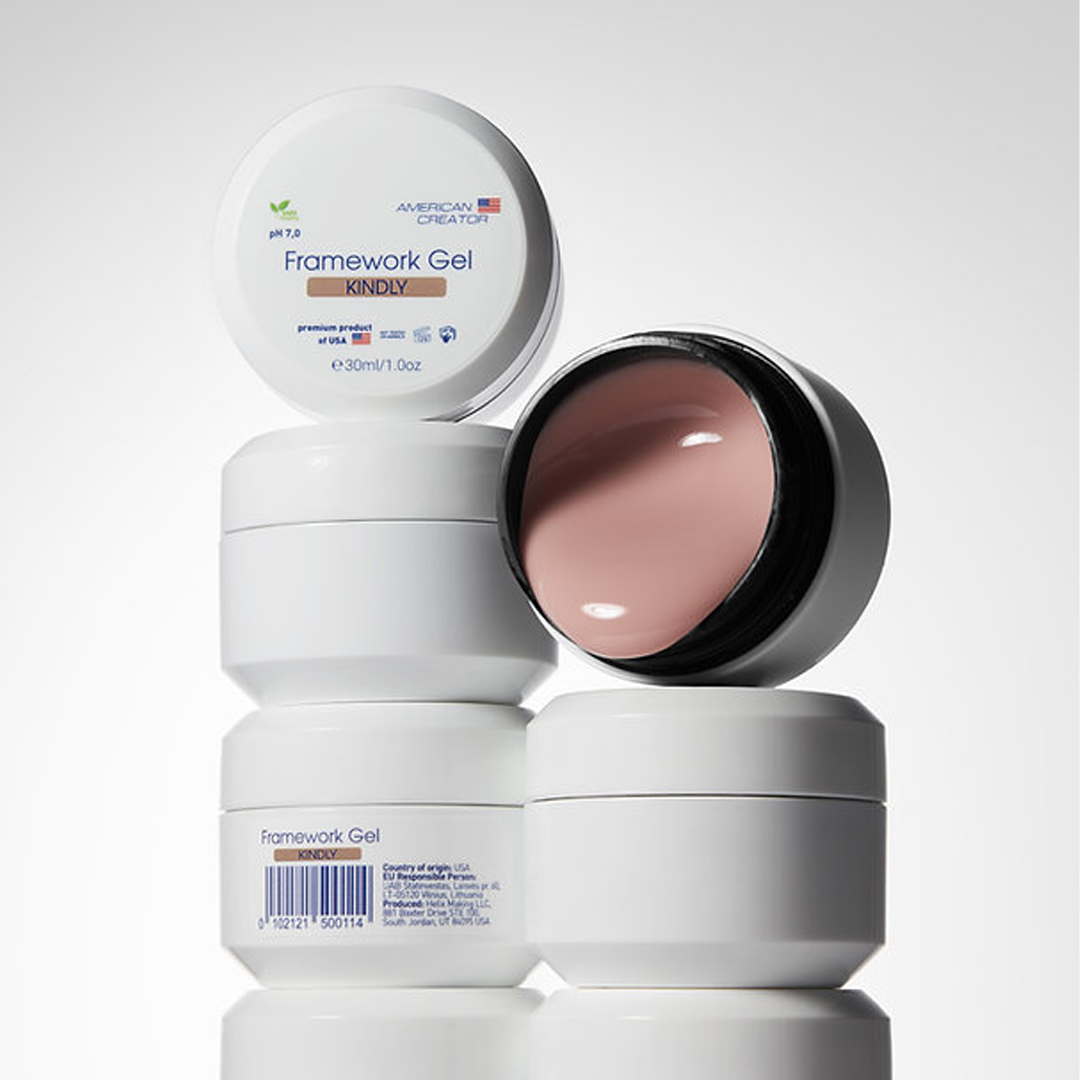 American Creator Framework Gel Kindly 30 ml em composição com boiões abertos e fechados