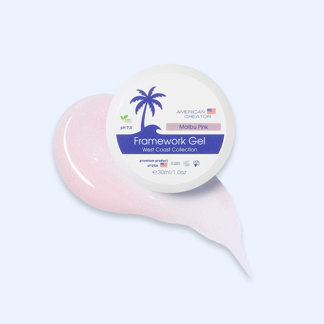 American Creator Framework Gel Malibu Pink 30 ml com amostra rosa pálido com brilho prateado sobre fundo azul-claro