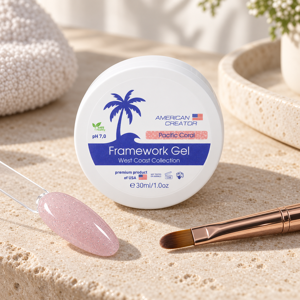 American Creator Framework Gel Pacific Coral 30 ml com amostra da cor em ambiente profissional de manicure