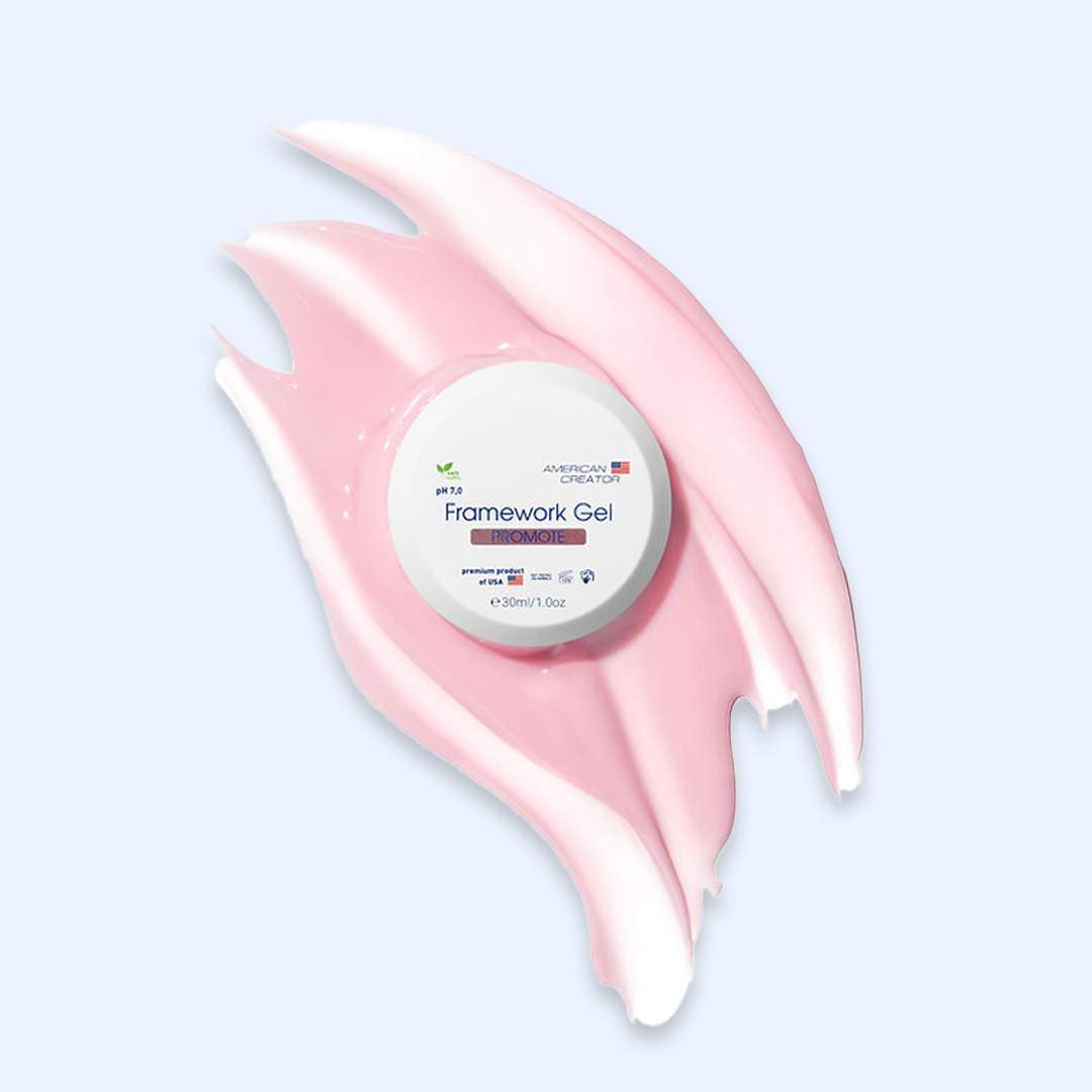 American Creator Framework Gel Promote 30 ml com boião e amostra da tonalidade sobre fundo azul-claro