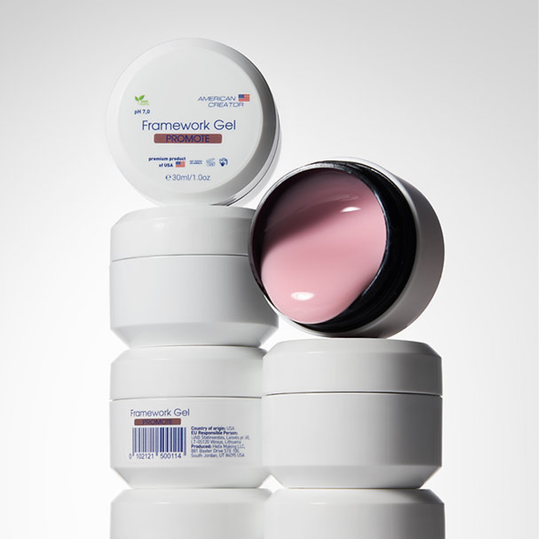 American Creator Framework Gel Promote 30 ml em composição com boiões abertos e fechados