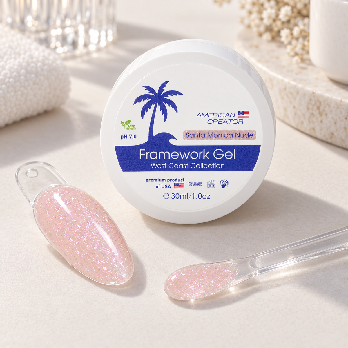 American Creator Framework Gel Santa Monica Nude 30 ml com amostra da cor em ambiente profissional de manicure