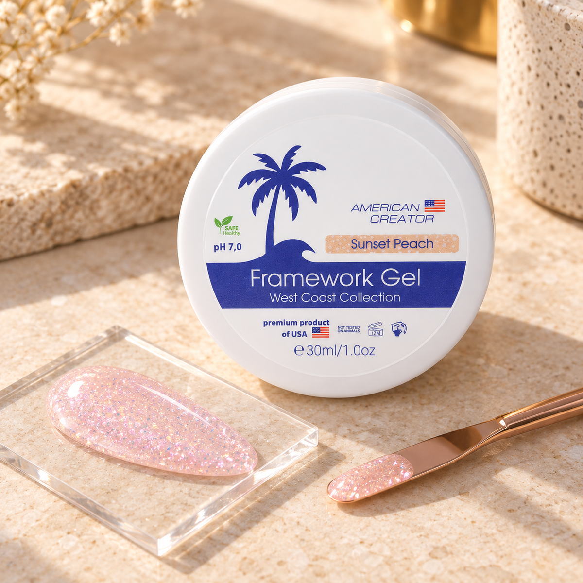 American Creator Framework Gel Sunset Peach 30 ml com amostra da cor em ambiente profissional de manicure