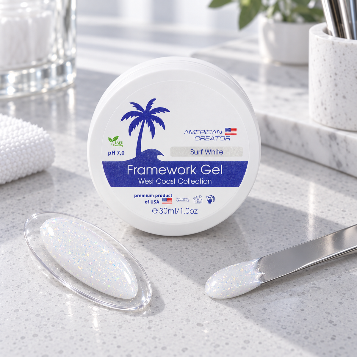American Creator Framework Gel Surf White 30 ml com amostra da cor em ambiente profissional de manicure