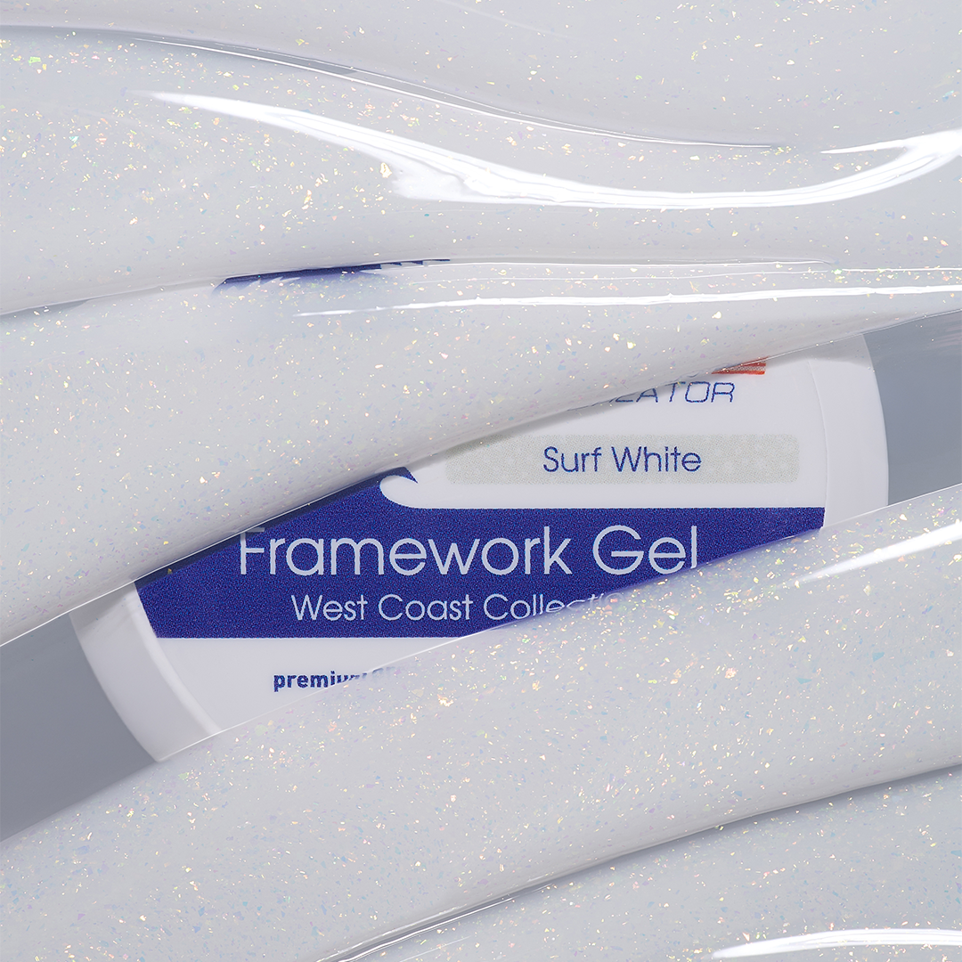 Textura branco leitoso com flocos iridescentes do American Creator Framework Gel Surf White 30 ml