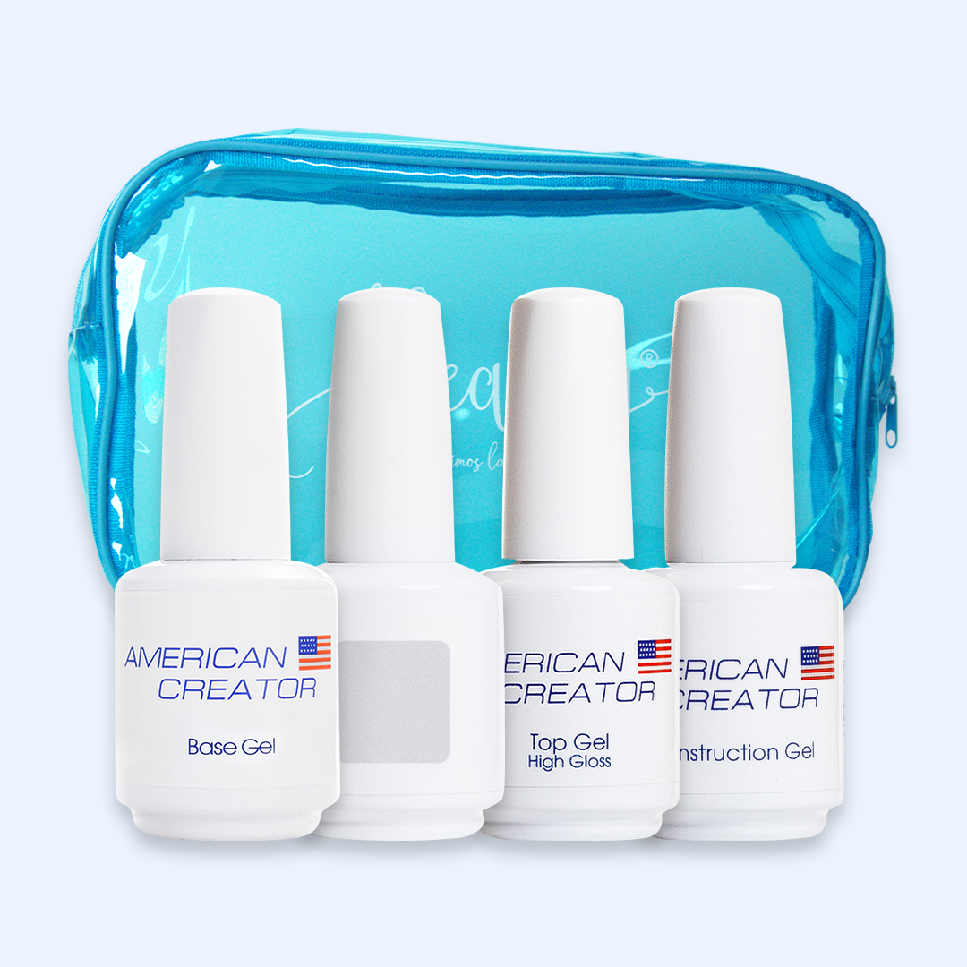 Kit Natural Essentials American Creator com quatro frascos de 15 ml e bolsa azul