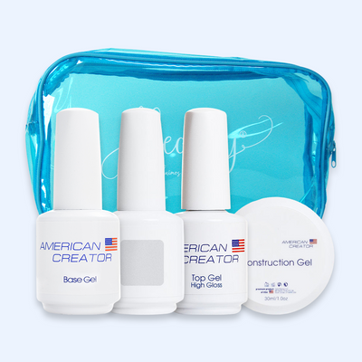Kit Natural Essentials American Creator com três frascos, Construction Gel 30 ml e bolsa azul