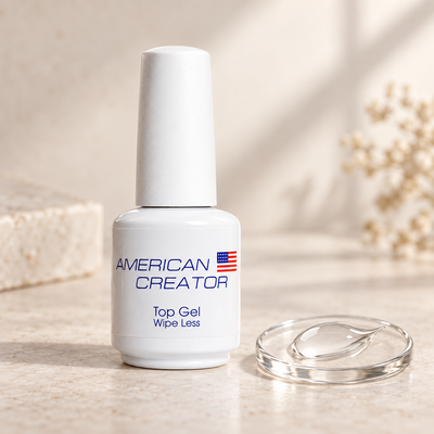 American Creator Top Gel Wipe Less 15 ml com textura transparente em ambiente profissional de manicure