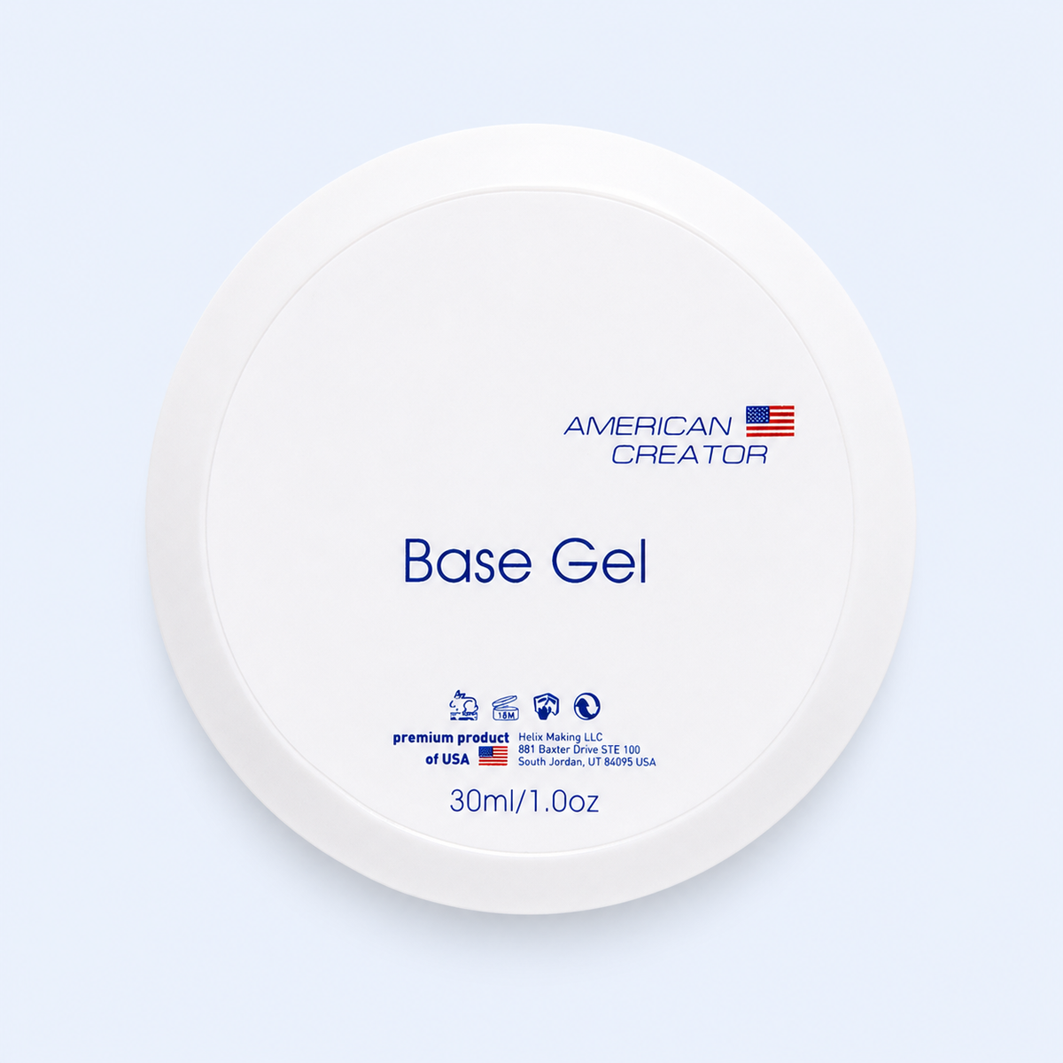 Base Gel American Creator 30ml vista superior em fundo azul claro FBeauty