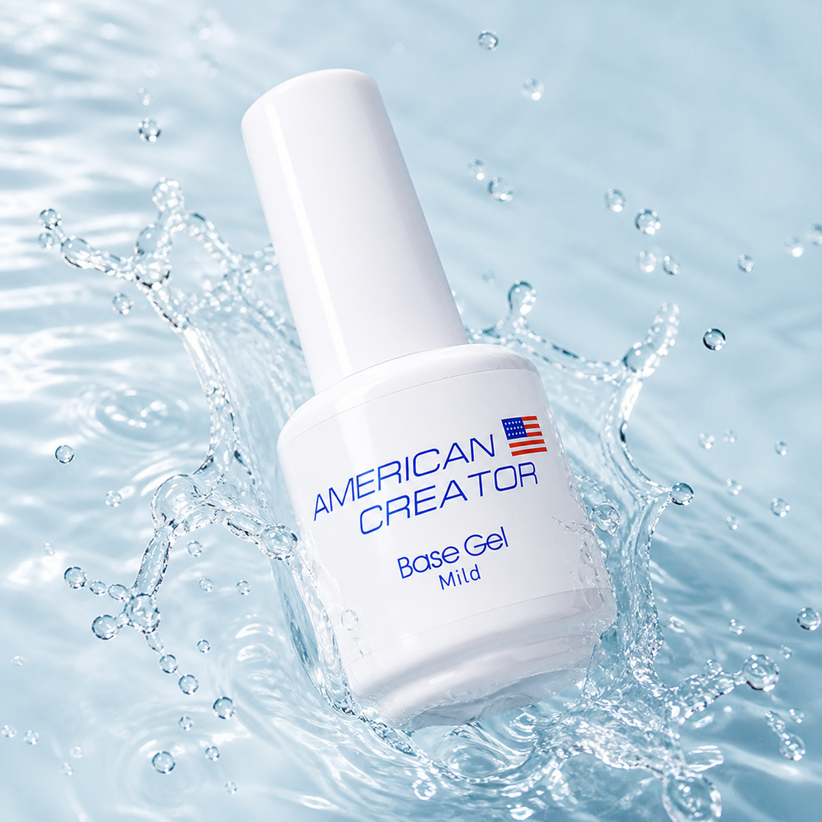 Base Gel Mild American Creator 15ml com efeito de agua em fundo claro