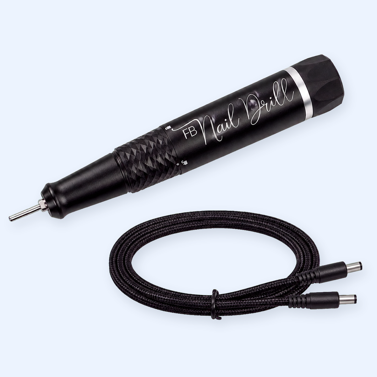 Caneta FB Nail Drill Pro e cabo DC macho-macho em vista diagonal