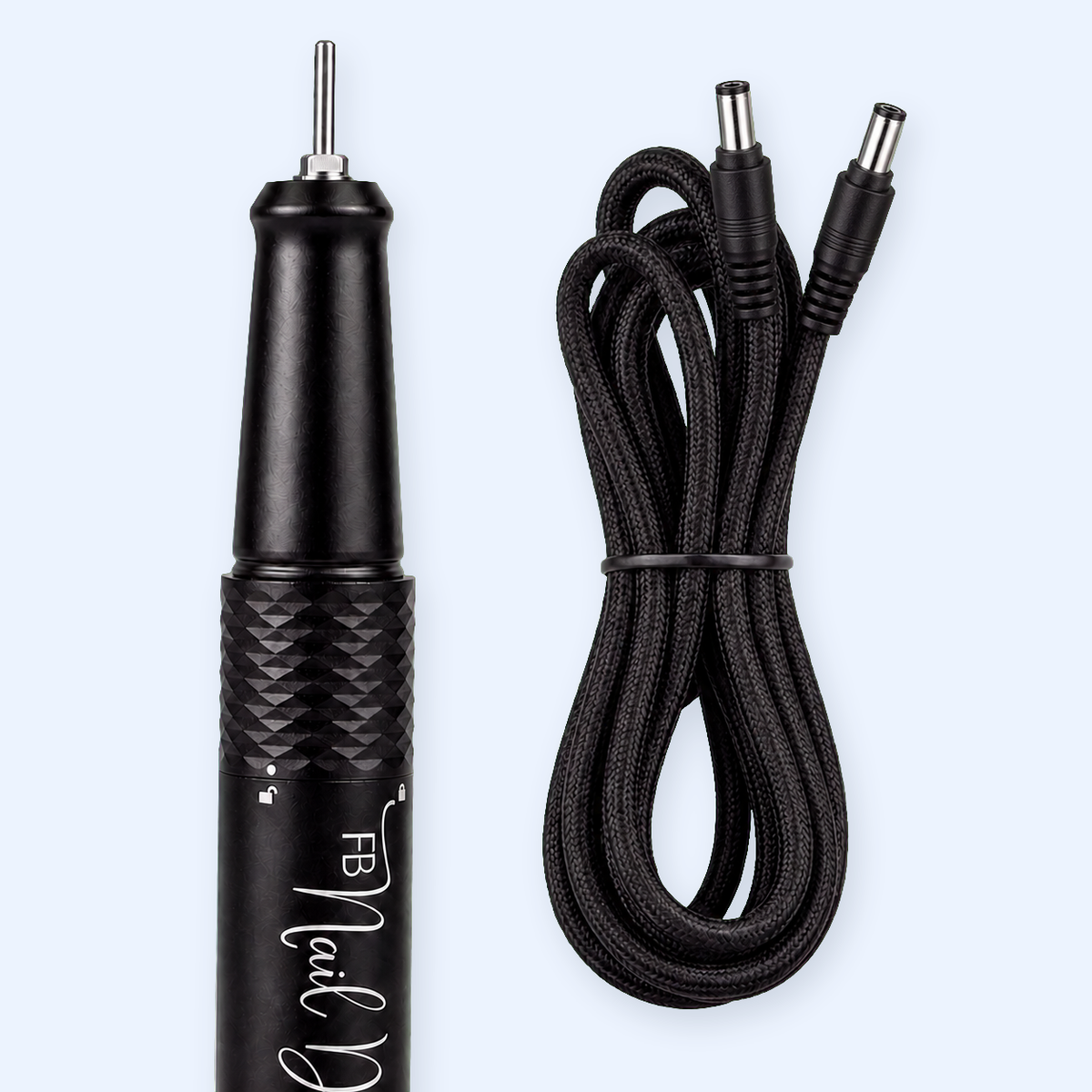 Detalhe da caneta FB Nail Drill Pro e fichas DC macho
