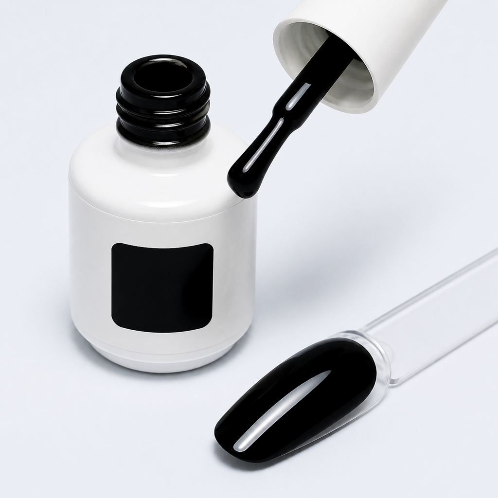 Frasco pincel e swatch do Color Gel Absolute Black American Creator preto brilhante