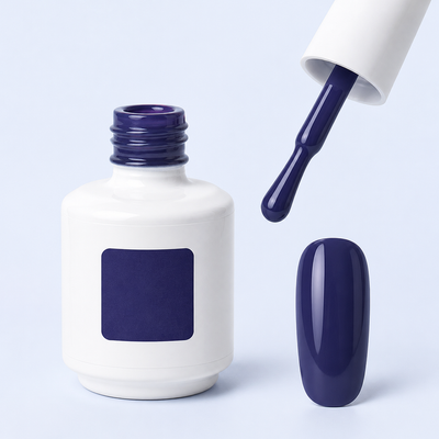 Frasco pincel e swatch do Color Gel Cavalier American Creator azul marinho violeta