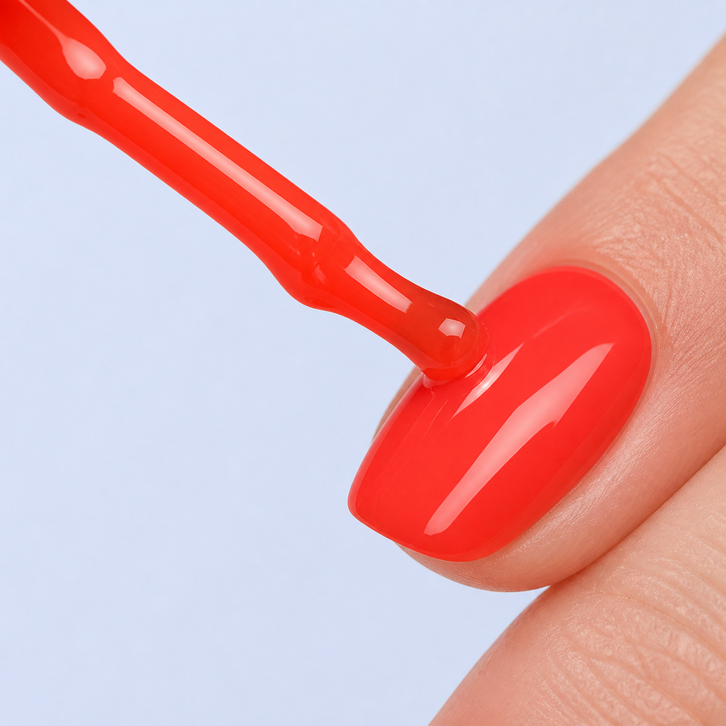 Aplicação do Color Gel Charlotte American Creator vermelho alaranjado na unha
