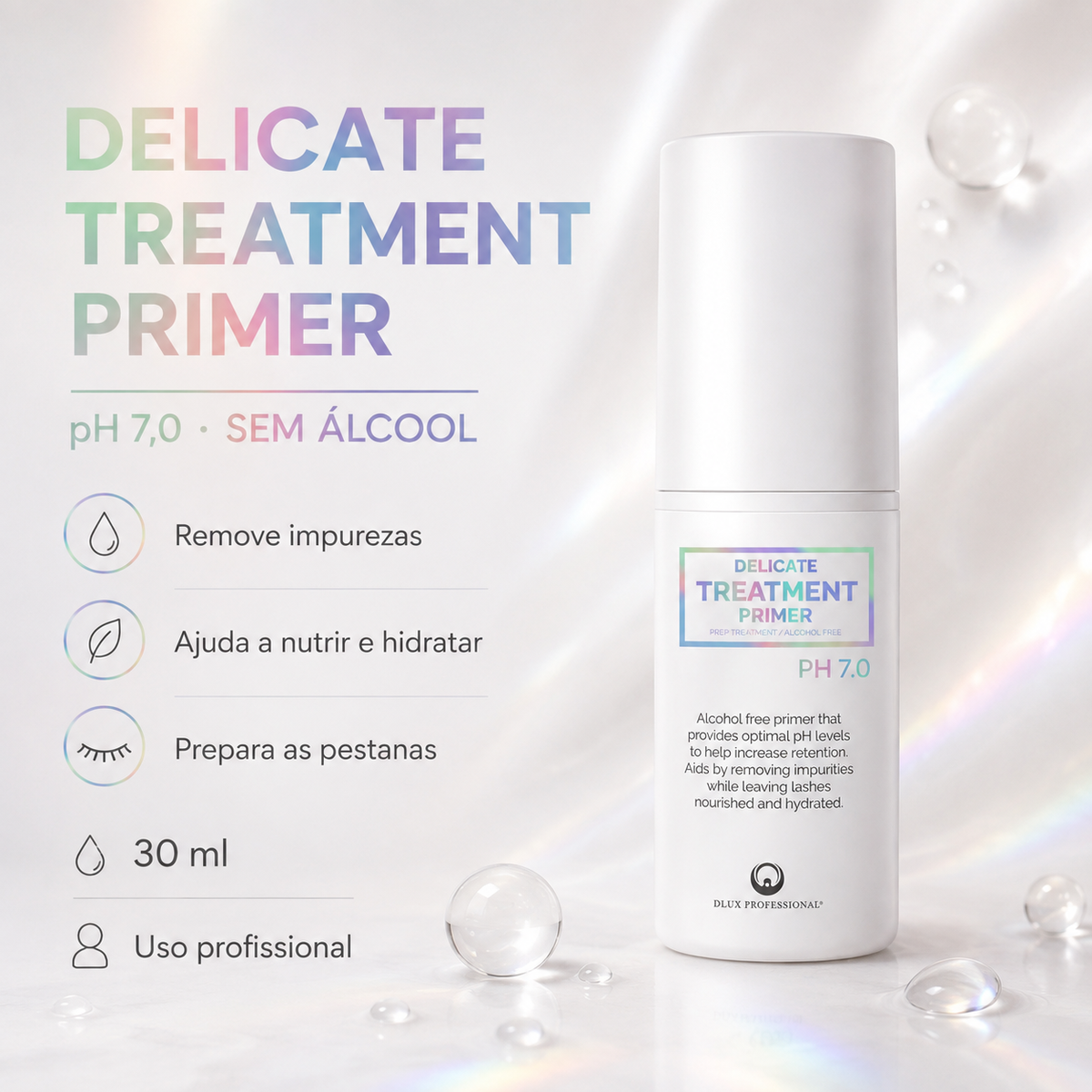 Dlux Delicate Treatment Primer 30 ml com benefícios apresentados em português