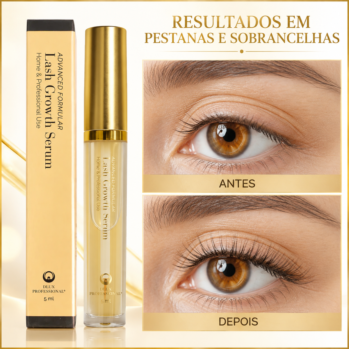 Dlux Lash Growth Serum com comparação antes e depois apresentada em português