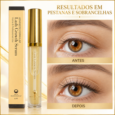 Dlux Lash Growth Serum com comparação antes e depois apresentada em português