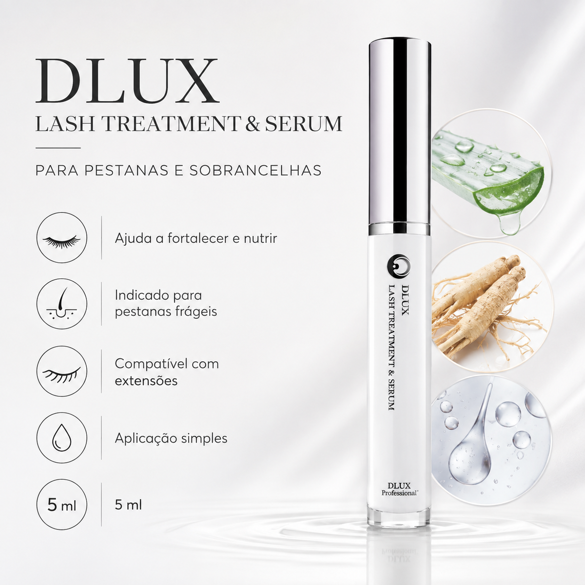 Dlux Lash Treatment Serum com benefícios apresentados em português