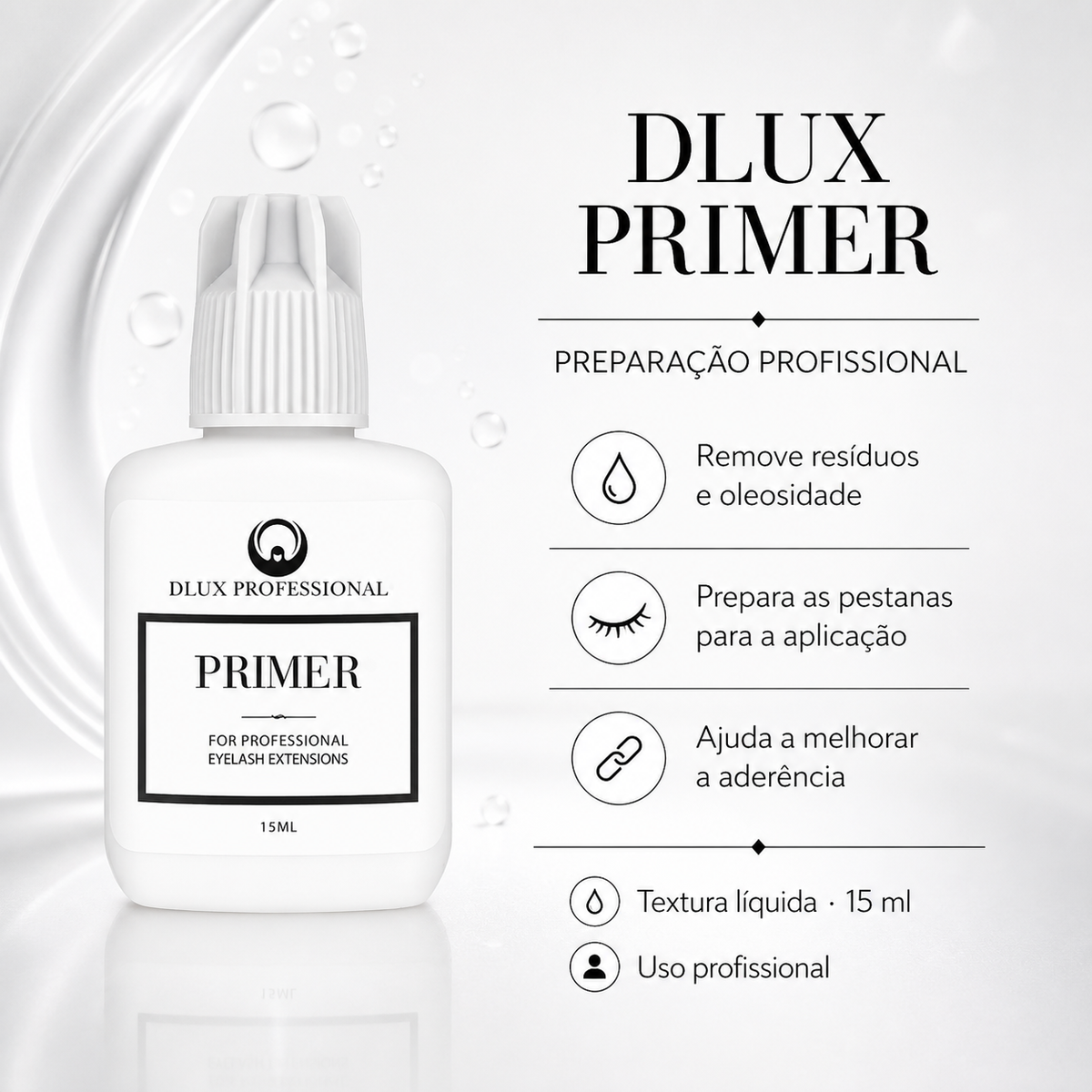 Dlux Primer 15 ml com preparação das pestanas apresentada em português