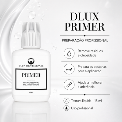 Dlux Primer 15 ml com preparação das pestanas apresentada em português