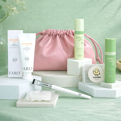 Conteúdo completo do Early Kit Korean Lash Lift com bolsa e acessórios