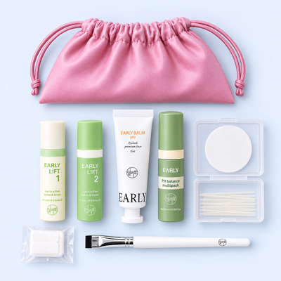 Conteúdo do Early Pro Kit Korean Lash Lift organizado em composição plana