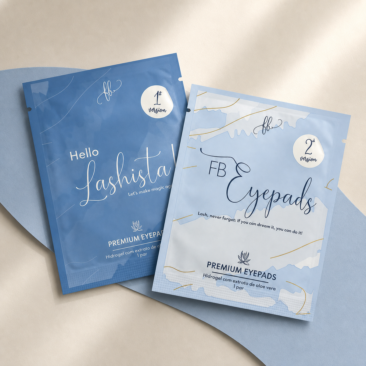 Eyepads de hidrogel FBeauty – embalagens das versões 1 e 2