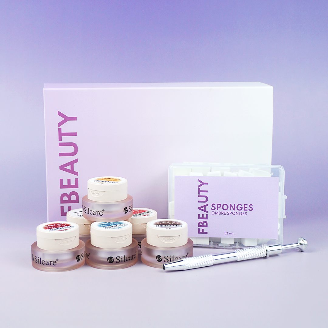 Kit Ombre Gel Rose e Sun Silcare com caixa e produtos