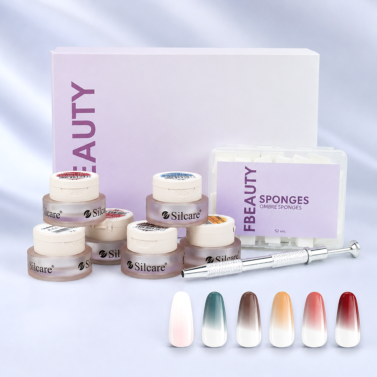 Kit Ombre Gel Rose e Sun Silcare com caixa produtos e amostras