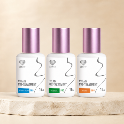 Pré-tratamentos para pestanas Lovely sem aroma, Aloe Vera e Mango 15 ml — apresentação conjunta; SKUs L03299, L03300 e L03301