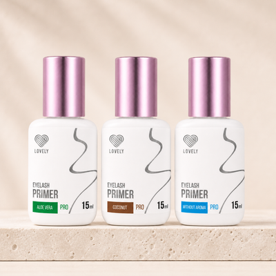 Primers para pestanas Lovely Aloe Vera, Coconut e sem aroma 15 ml — apresentação conjunta; SKUs L03267, L03266 e L03265