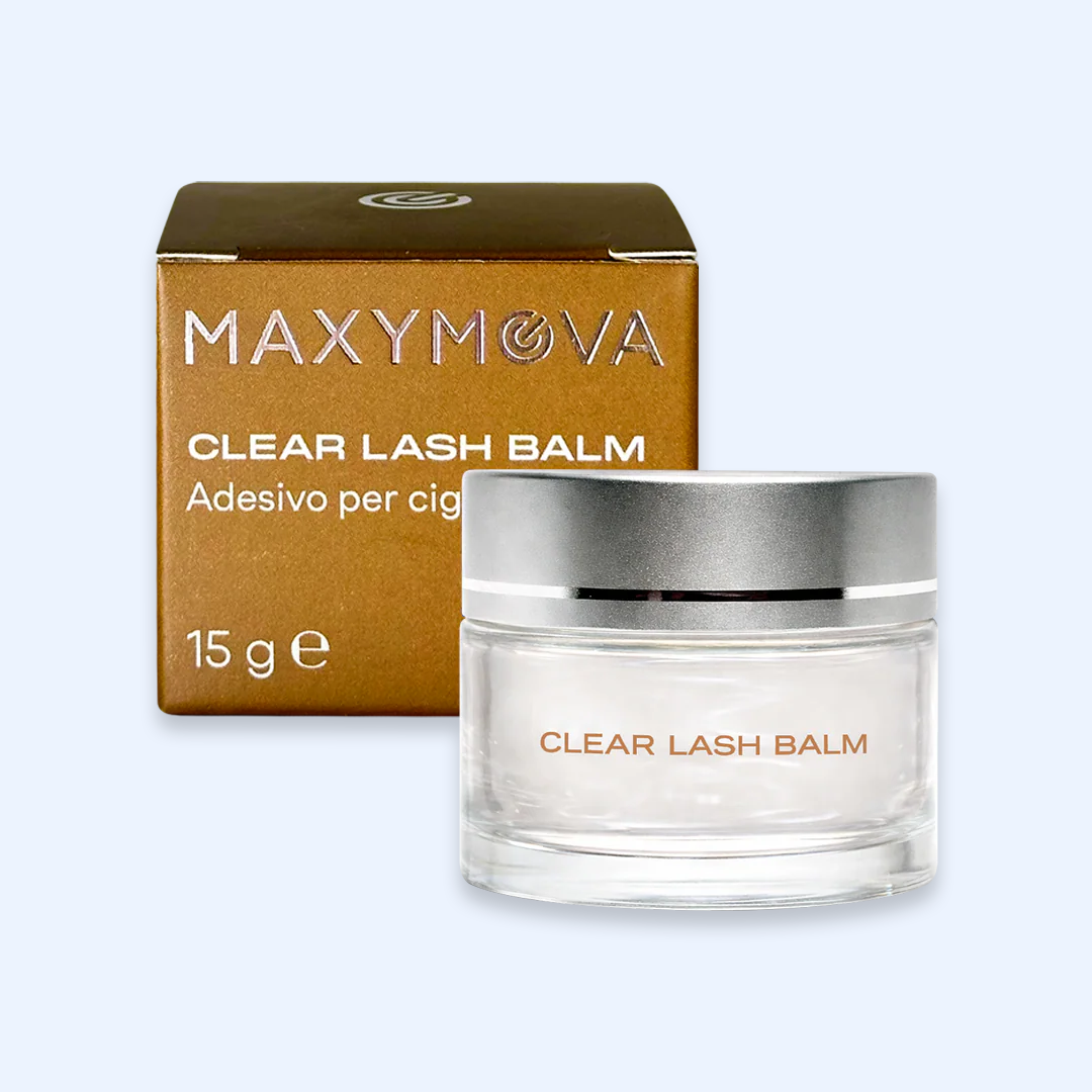 Maxymova Clear Lash Balm com pote transparente e caixa bronze em vista principal