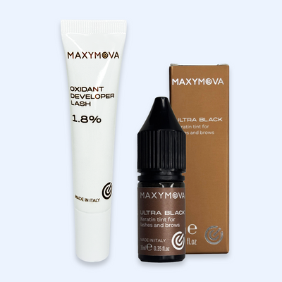 Componentes do kit Maxymova Ultra Black Keratin com tinta de 10 ml e oxidante Lash 1,8%