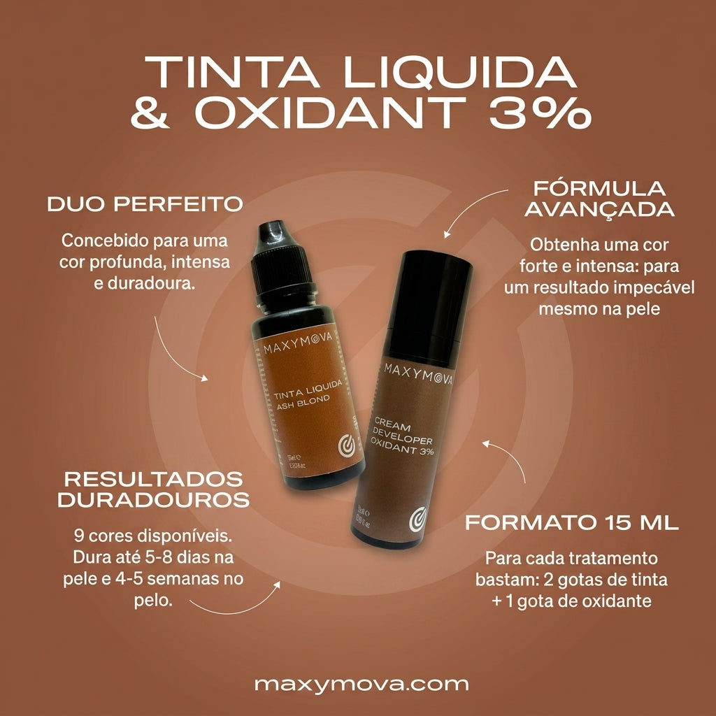 Tinta Maxymova Ultra Black Keratin com informação de utilização e oxidante 3%