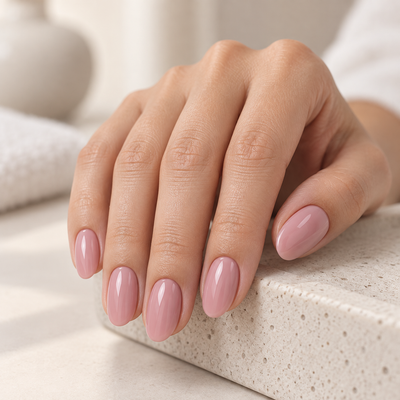 Resultado de manicure com Bottle Gel 12 Nails Of The Day em tom rosa nude empoeirado com subtom malva