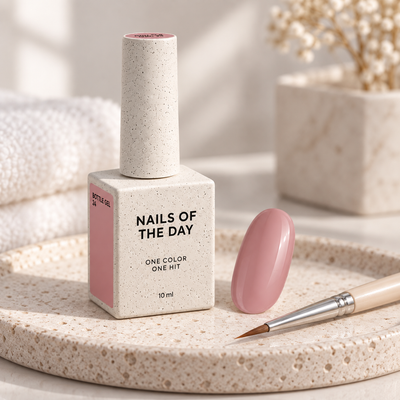 Bottle Gel 24 Nails Of The Day apresentado num ambiente profissional com amostra em tom nude rosa acastanhado