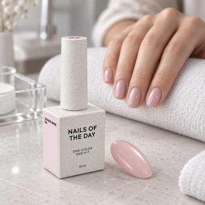 Cover Base 04 Nails Of The Day 10 ml apresentada num ambiente profissional de manicure com amostra em tom rosa-pó translúcido