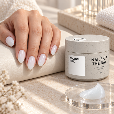 Resultado de manicure com Polygel Milk Nails Of The Day em tom branco leitoso frio e translúcido